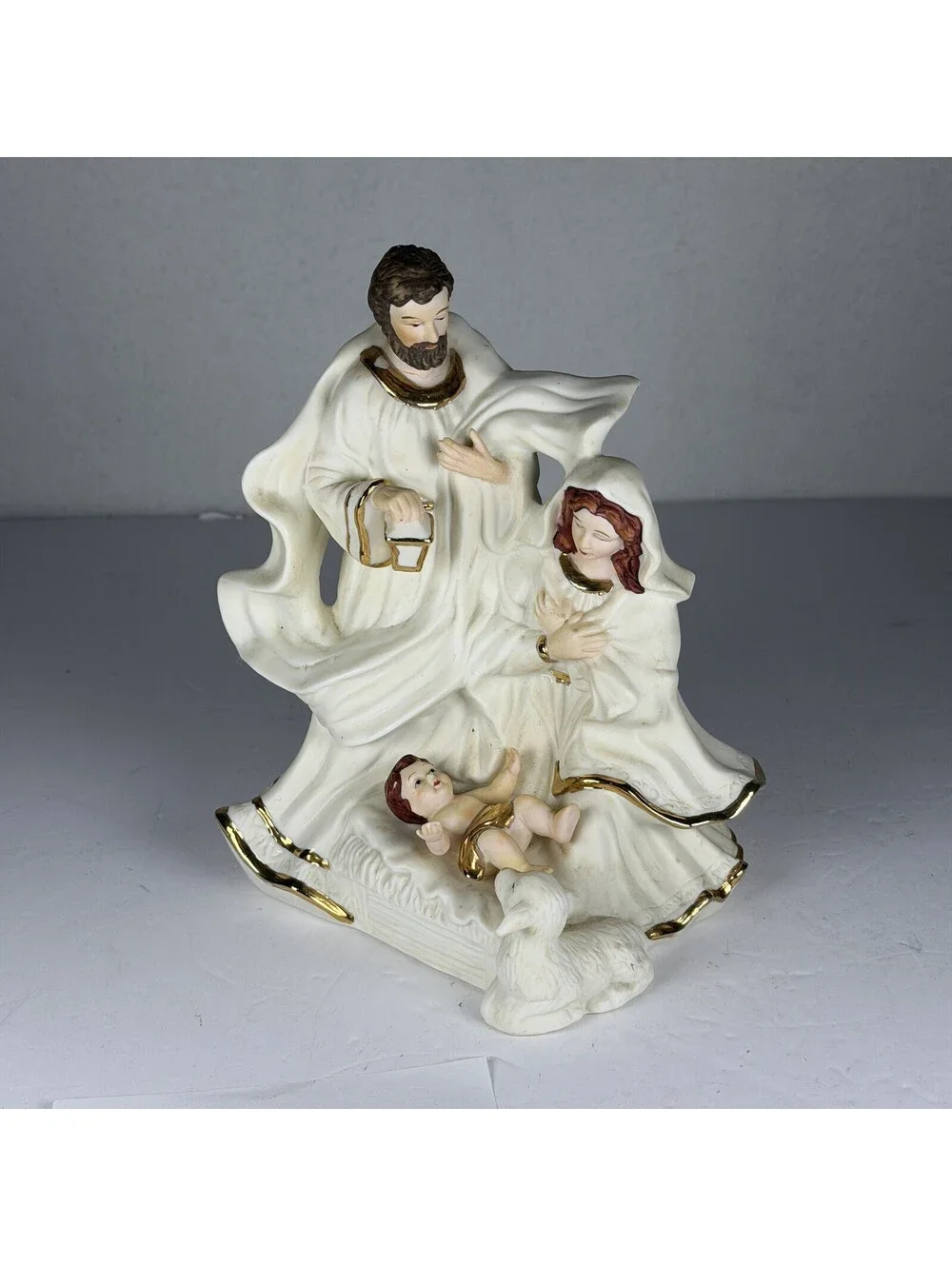 Vintage Enesco Porcelain Nativity Figurine Holy Family Gold Trim S-12